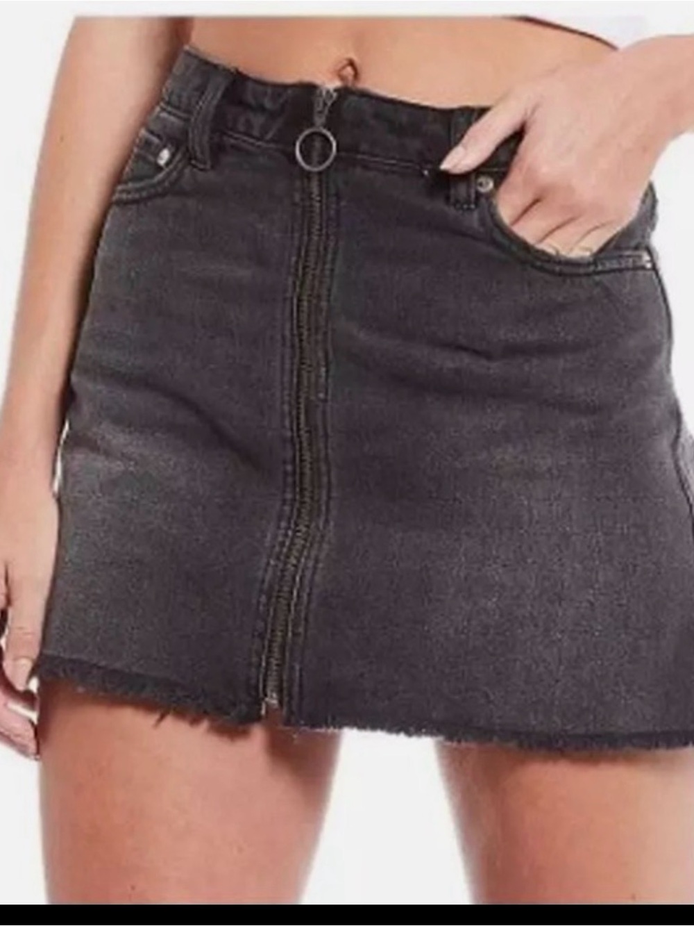 Free People We The Free Zip It Up Denim Mini Skirt Black Wash Raw Hem 26